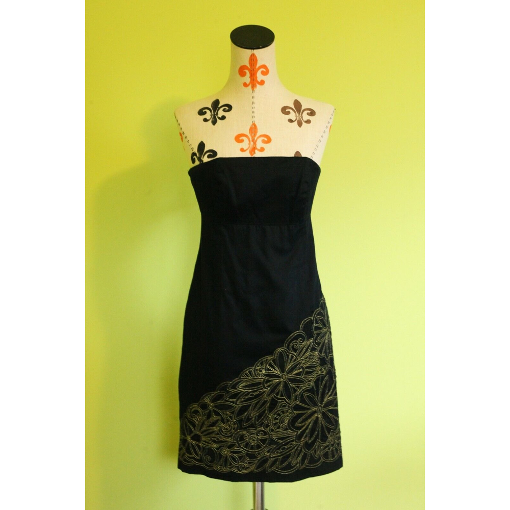Lilly Pulitzer Bowen Black After Party Gold Embroidery Strapless Dress EUC